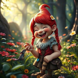 A cheerful dwarf girl with vibrant red hair, wearing colorful clothing and a playful expression