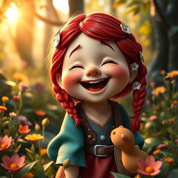 A cheerful dwarf girl with vibrant red hair, wearing colorful clothing and a playful expression