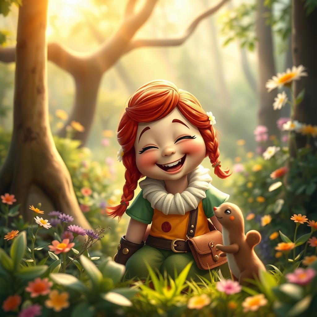A cheerful dwarf girl with vibrant red hair, wearing colorful clothing and a playful expression