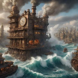 An intricate steampunk city, engulfed by a roaring tsunami, with soaring waves threatening the towering cogged buildings and steam-powered contraptions, reflecting a scene of awe-inspiring catastrophe.