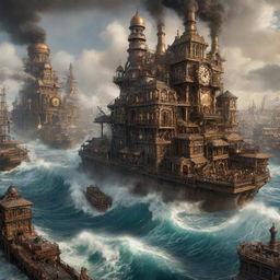 An intricate steampunk city, engulfed by a roaring tsunami, with soaring waves threatening the towering cogged buildings and steam-powered contraptions, reflecting a scene of awe-inspiring catastrophe.