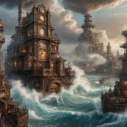 An intricate steampunk city, engulfed by a roaring tsunami, with soaring waves threatening the towering cogged buildings and steam-powered contraptions, reflecting a scene of awe-inspiring catastrophe.