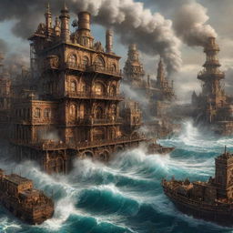 An intricate steampunk city, engulfed by a roaring tsunami, with soaring waves threatening the towering cogged buildings and steam-powered contraptions, reflecting a scene of awe-inspiring catastrophe.