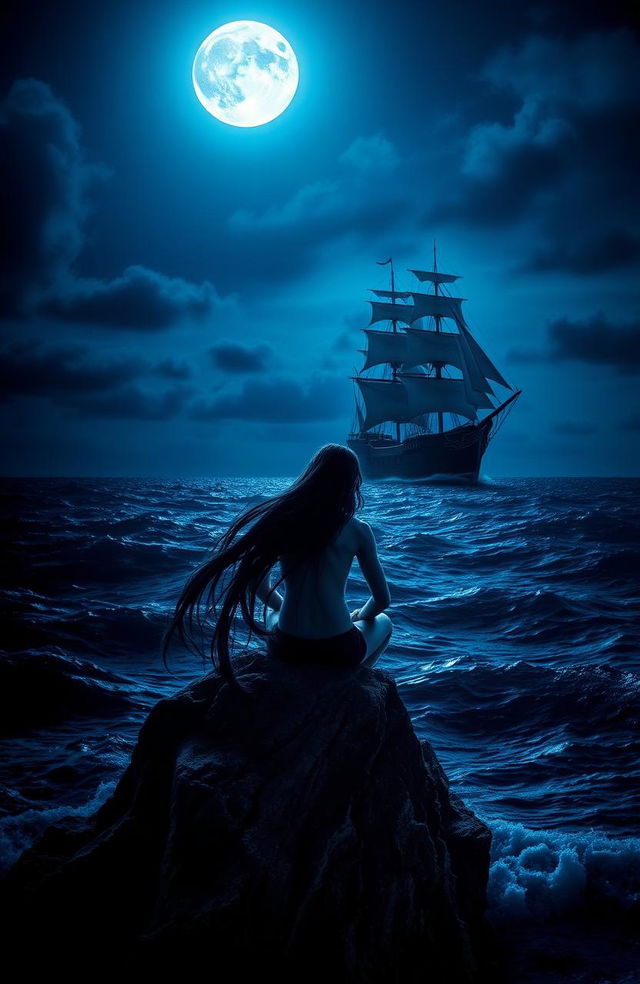 A dark and mysterious book cover featuring an ancient ship sailing under a night sky illuminated by a bright full moon