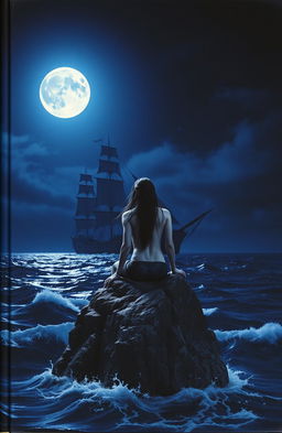 A dark and mysterious book cover featuring an ancient ship sailing under a night sky illuminated by a bright full moon