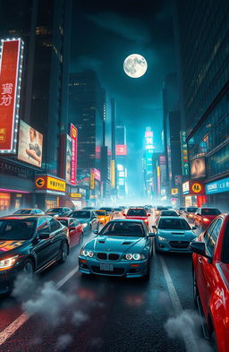 A bustling city night scene featuring various colorful cars gliding through illuminated streets