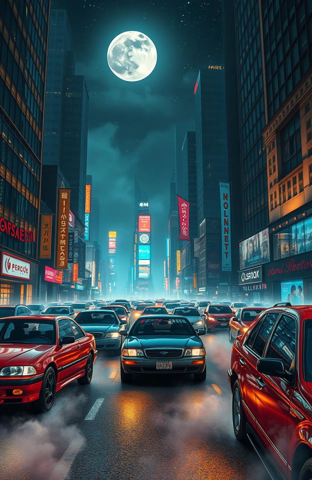 A bustling city night scene featuring various colorful cars gliding through illuminated streets