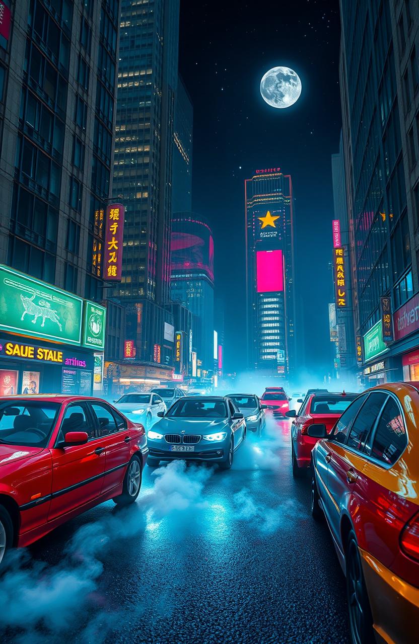 A bustling city night scene featuring various colorful cars gliding through illuminated streets