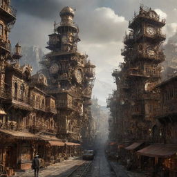 A majestic steampunk city shaken by a powerful earthquake, with its intricate metal structures trembling and gears scattering, yet standing firm revealing its resilient nature