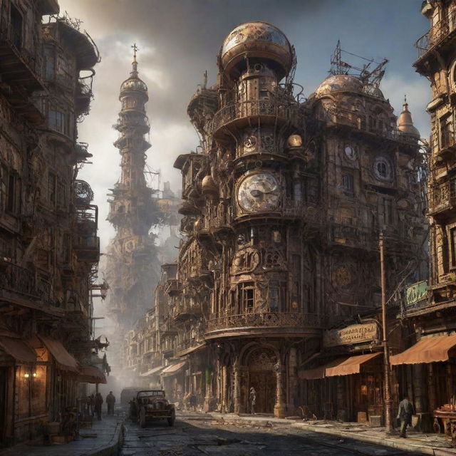 A majestic steampunk city shaken by a powerful earthquake, with its intricate metal structures trembling and gears scattering, yet standing firm revealing its resilient nature