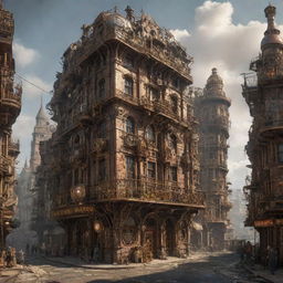 A majestic steampunk city shaken by a powerful earthquake, with its intricate metal structures trembling and gears scattering, yet standing firm revealing its resilient nature