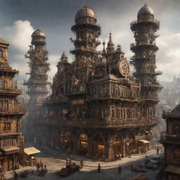 A majestic steampunk city shaken by a powerful earthquake, with its intricate metal structures trembling and gears scattering, yet standing firm revealing its resilient nature