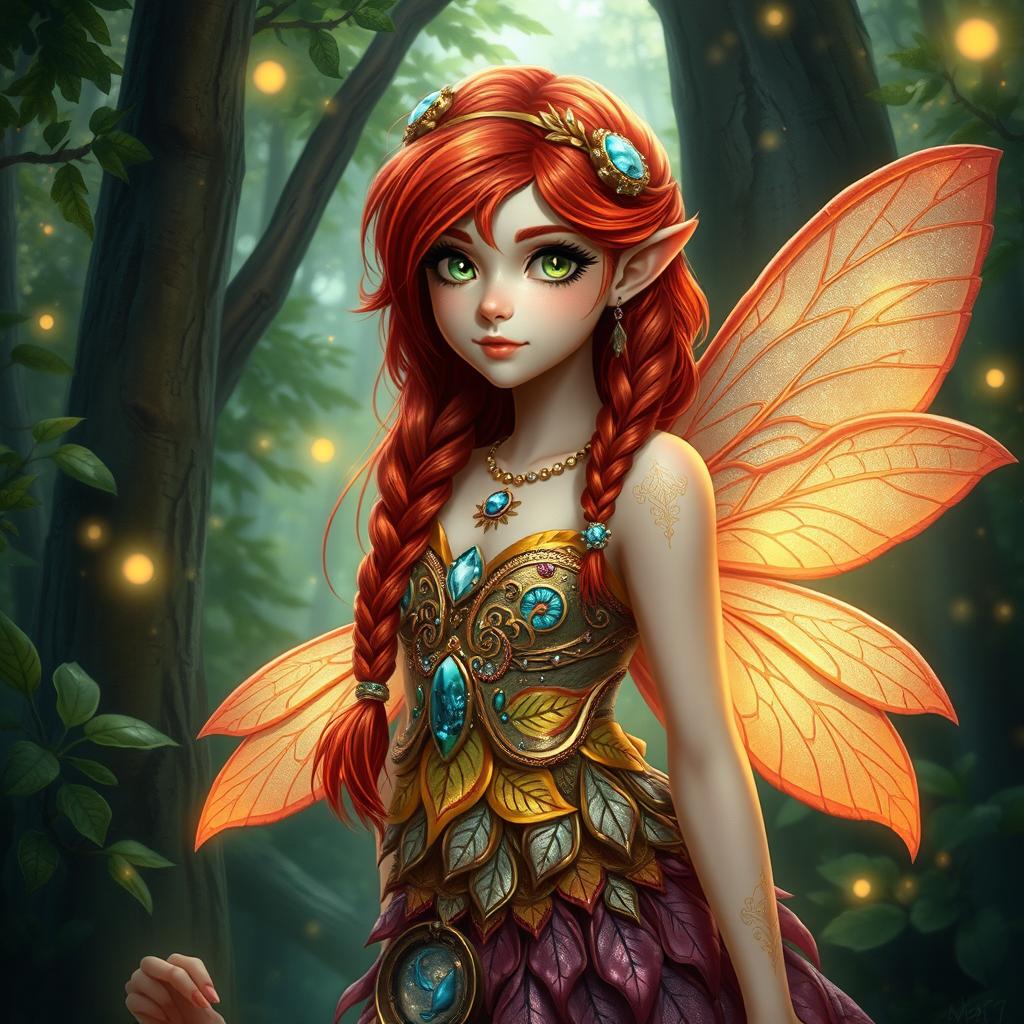 A detailed portrayal of an Arch Fairy Dwarf, showcasing vibrant red hair that elegantly flows past her shoulders, adorned with glimmering jewels and intricate braids