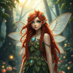 A detailed portrayal of an Arch Fairy Dwarf, showcasing vibrant red hair that elegantly flows past her shoulders, adorned with glimmering jewels and intricate braids