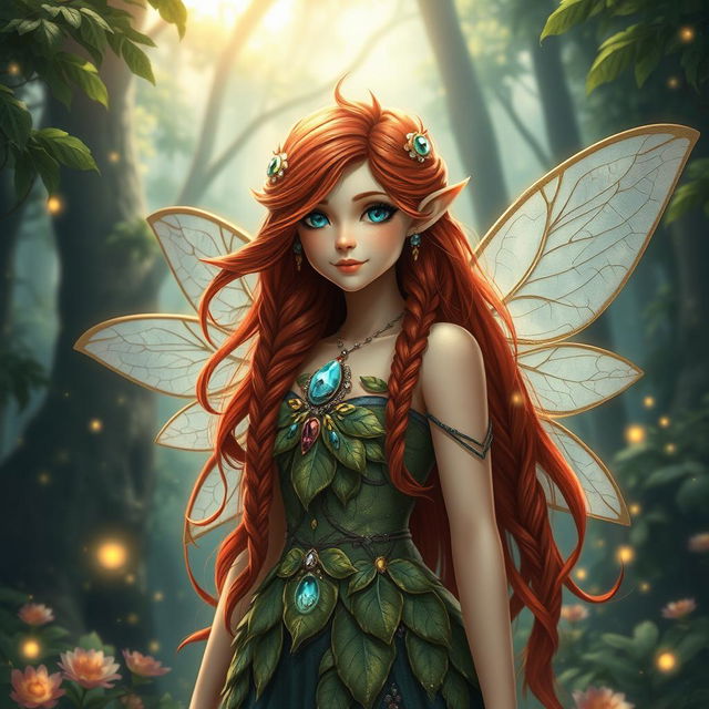 A detailed portrayal of an Arch Fairy Dwarf, showcasing vibrant red hair that elegantly flows past her shoulders, adorned with glimmering jewels and intricate braids