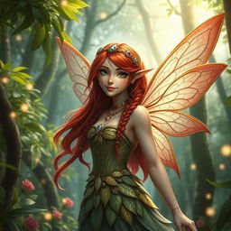 A detailed portrayal of an Arch Fairy Dwarf, showcasing vibrant red hair that elegantly flows past her shoulders, adorned with glimmering jewels and intricate braids