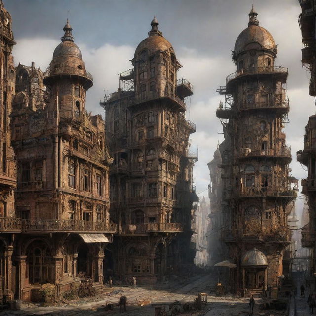 A majestic steampunk city in the early stages of decay, with minor structural damage hinting at the beginning of ruins, yet still bearing its original grandeur