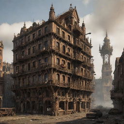 A majestic steampunk city in the early stages of decay, with minor structural damage hinting at the beginning of ruins, yet still bearing its original grandeur