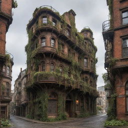 Visualize a majestic steampunk city, 30 years after the start of its decay. Now, nature reclaiming its spaces, buildings overgrown with ivy, and rusty gears now the silent witnesses of the past glory