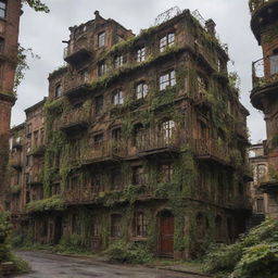 Visualize a majestic steampunk city, 30 years after the start of its decay. Now, nature reclaiming its spaces, buildings overgrown with ivy, and rusty gears now the silent witnesses of the past glory