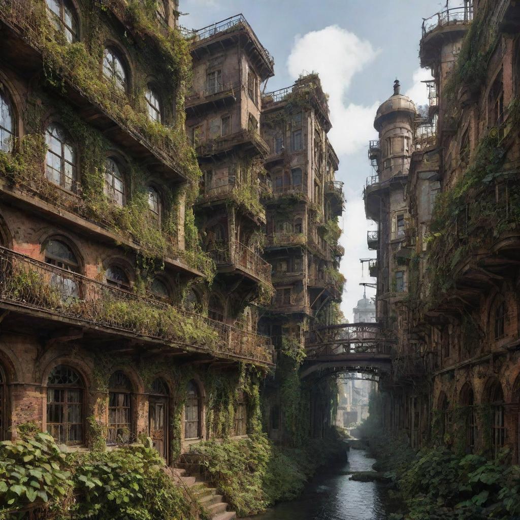 Visualize a majestic steampunk city, 30 years after the start of its decay. Now, nature reclaiming its spaces, buildings overgrown with ivy, and rusty gears now the silent witnesses of the past glory