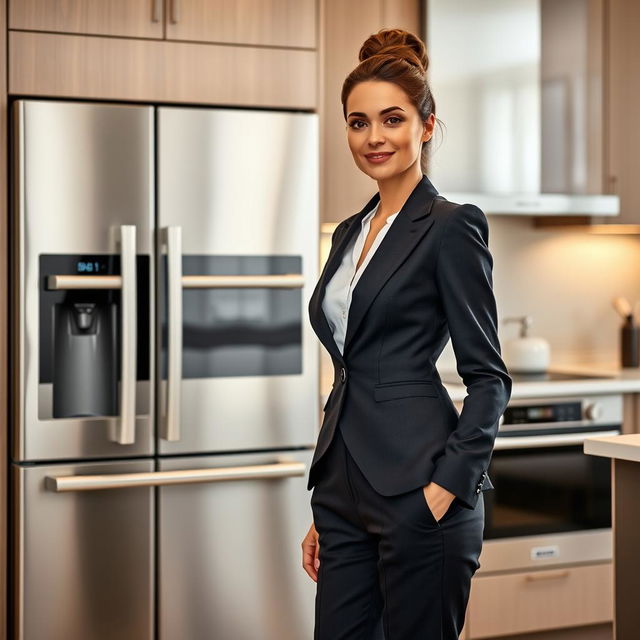 A professional woman standing elegantly next to a sleek kitchen appliance, dressed in formal attire, such as a fitted blazer and tailored trousers