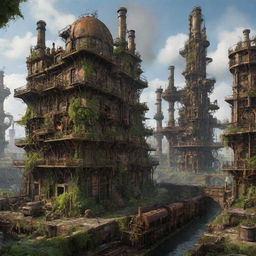 Visualize a once majestic steampunk city, 3,000 years into the future, where nature has completely reclaimed the ruins. Overgrown foliage intertwines with the remnants of rusting gears and steam engines, creating a beautiful fusion of nature and technology