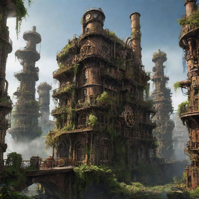 Visualize a once majestic steampunk city, 3,000 years into the future, where nature has completely reclaimed the ruins. Overgrown foliage intertwines with the remnants of rusting gears and steam engines, creating a beautiful fusion of nature and technology