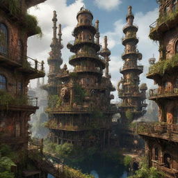 Visualize a once majestic steampunk city, 3,000 years into the future, where nature has completely reclaimed the ruins. Overgrown foliage intertwines with the remnants of rusting gears and steam engines, creating a beautiful fusion of nature and technology