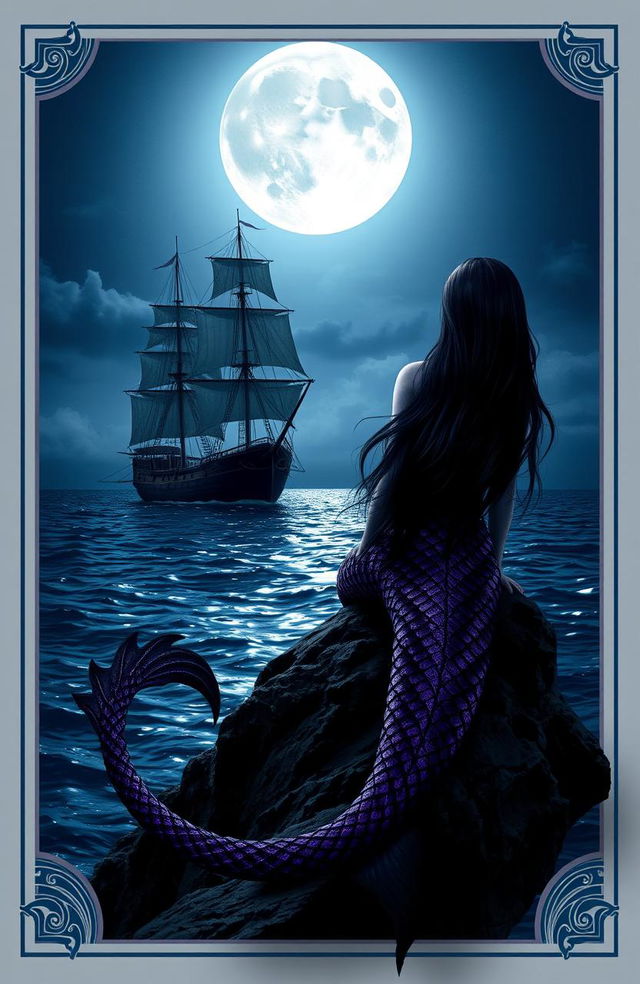 A dark and mysterious book cover featuring an ancient ship sailing on a moonlit night