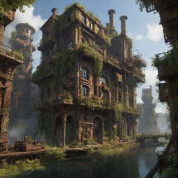 Visualize a once majestic steampunk city, 3,000 years into the future, where nature has completely reclaimed the ruins. Overgrown foliage intertwines with the remnants of rusting gears and steam engines, creating a beautiful fusion of nature and technology