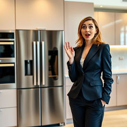 A woman in formal attire standing next to a stunning modern kitchen appliance, displaying an expression of awe and excitement on her face