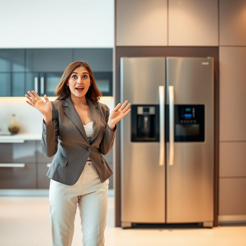 A woman in formal attire standing next to a stunning modern kitchen appliance, displaying an expression of awe and excitement on her face