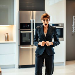 A woman in formal attire standing next to a stunning modern kitchen appliance, displaying an expression of awe and excitement on her face