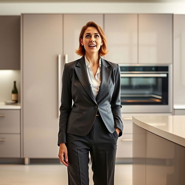 A woman in formal attire standing next to a stunning modern kitchen appliance, displaying an expression of awe and excitement on her face