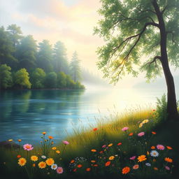 A dreamy art painting of a tranquil lake surrounded by lush green woods