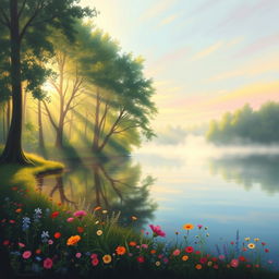 A dreamy art painting of a tranquil lake surrounded by lush green woods