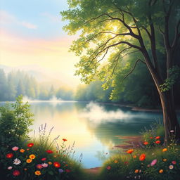 A dreamy art painting of a tranquil lake surrounded by lush green woods
