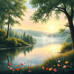 A dreamy art painting of a tranquil lake surrounded by lush green woods