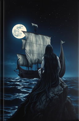 A dark and mysterious book cover depicting an ancient ship sailing through a moonlit night