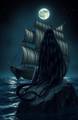 A dark and mysterious book cover depicting an ancient ship sailing through a moonlit night