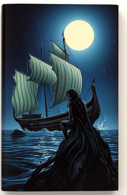 A dark and mysterious book cover depicting an ancient ship sailing through a moonlit night