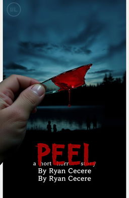 In the foreground, a close-up of a hand gripping a jagged shard of glass, with vivid red blood dripping down the fingers
