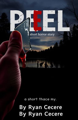 In the foreground, a close-up of a hand gripping a jagged shard of glass, with vivid red blood dripping down the fingers