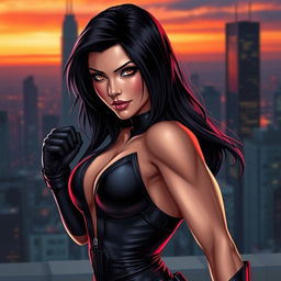 A stunningly beautiful and powerful female superhero, inspired by Black Widow from Marvel, posing confidently, with sleek black hair cascading down her shoulders