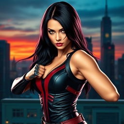 A stunningly beautiful and powerful female superhero, inspired by Black Widow from Marvel, posing confidently, with sleek black hair cascading down her shoulders