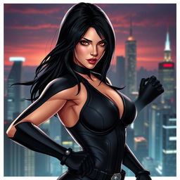A stunningly beautiful and powerful female superhero, inspired by Black Widow from Marvel, posing confidently, with sleek black hair cascading down her shoulders