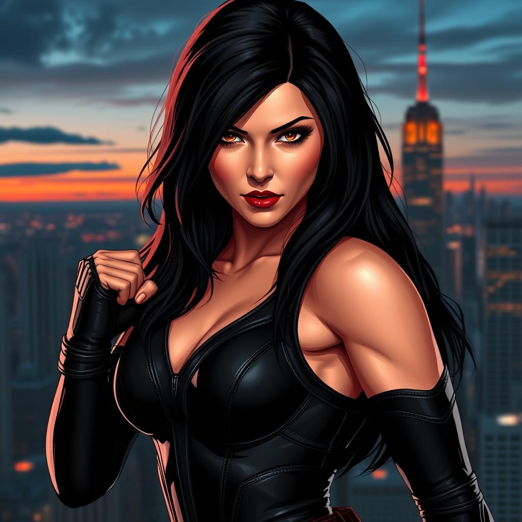 A stunningly beautiful and powerful female superhero, inspired by Black Widow from Marvel, posing confidently, with sleek black hair cascading down her shoulders