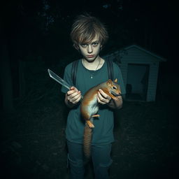 A disturbed teenager stands in a dark, overgrown backyard, clutching a lifeless squirrel in one hand and a sharp glass shard in the other