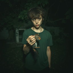 A disturbed teenager stands in a dark, overgrown backyard, clutching a lifeless squirrel in one hand and a sharp glass shard in the other